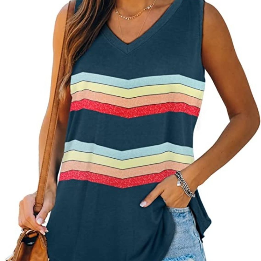 Blue Rainbow Tank Top V Neck Basic Casual Flowy Sleeveless Top Size 2X New